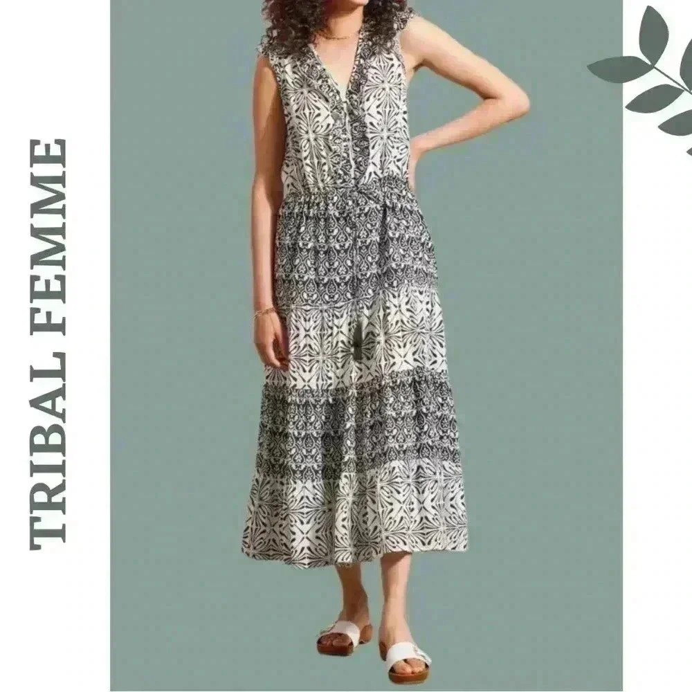 Tribal Lined Combo Print Maxi Dress w/Drawstring Black 8880-3647-0002 Size Small